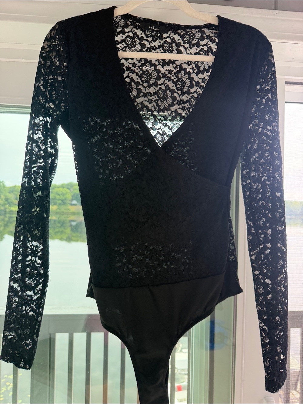 Lulu's Black Lace Surplice Long-Sleeve Bodysuit